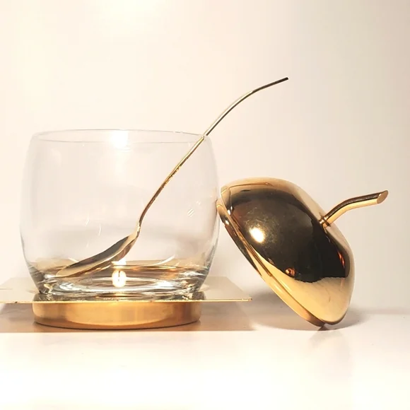 24k Gold Plated Vtg Glass Sugar Bowl with Spoon & Tray Apple Stem Lid Brass MCM - Picture 3 of 11